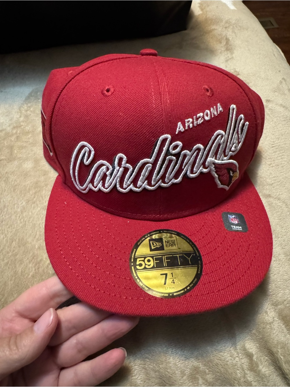 New Era Arizona Cardinals Script Fitted Cap in Red with White Stitching New